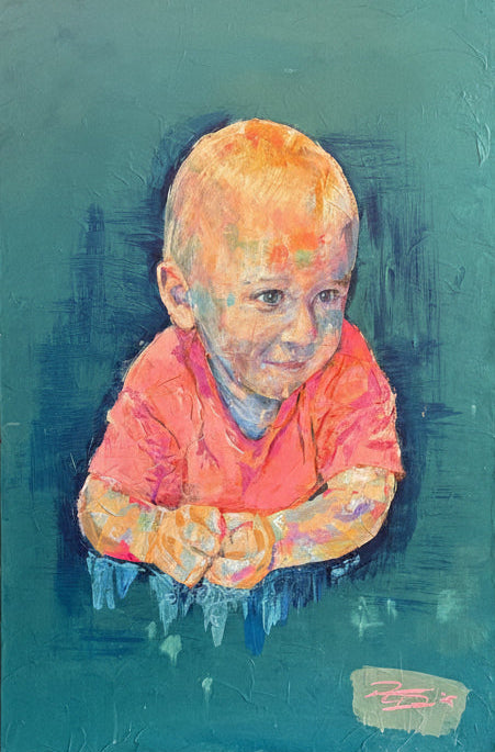 Painting of a child in a colorful outfit on a green background. Ted McGee